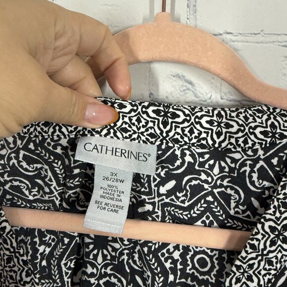 Catherines Tunic Blouse Women Plus 3X Black White Asymmetrical Hem Abstract Top - Picture 5 of 11